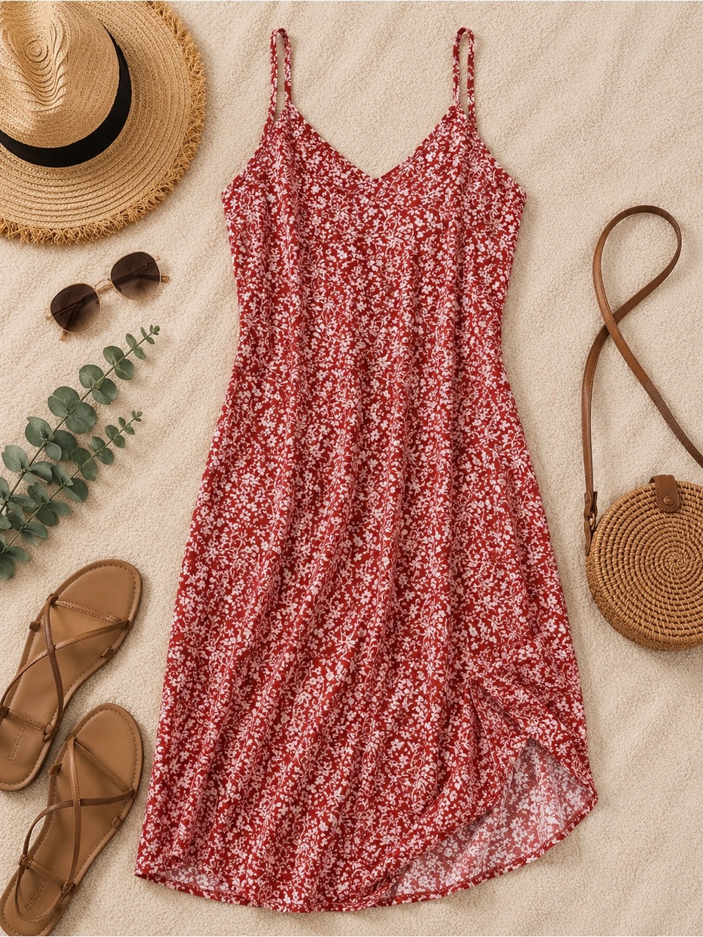 Floral Red Sleeveless V-Neck Summer Dress